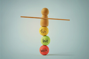 Wooden pawn balancing on beads with the written Fun, Love and Work - Concept of equilibrium among work, love and fun