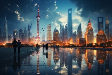 Naklejka premium Modern skyscraper skyline in a bustling Chinese city, Generative AI