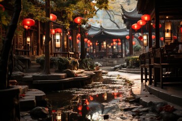Quiet moment in a traditional Chinese courtyard with red lanterns, Generative AI - obrazy, fototapety, plakaty
