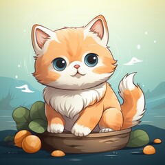 Obraz premium Cute Cat Holding Fish , Cartoon, Icon Illustration