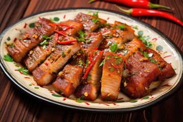 marinated pork belly slices spiced with peppercorns on a plate