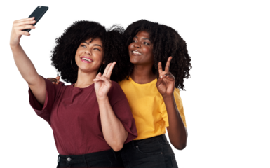 Selfie, peace sign and woman friends for social media or content creation isolated on transparent, png background. Gen z, natural hair influencer or african people in online profile picture and emoji