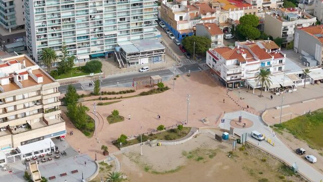 Aerial drone view of the town square in Comarruga, Spain