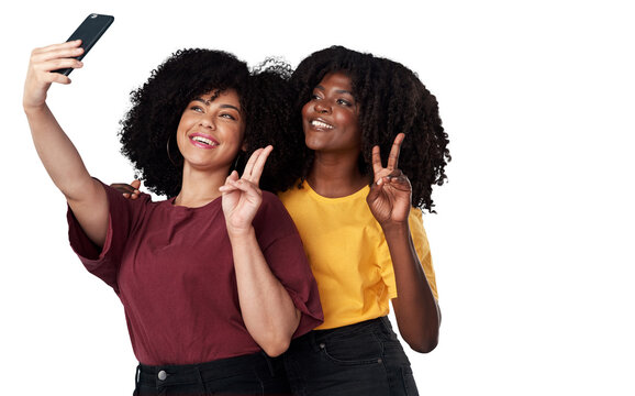 Selfie, peace sign and woman friends for social media or content creation isolated on transparent, png background. Gen z, natural hair influencer or african people in online profile picture and emoji