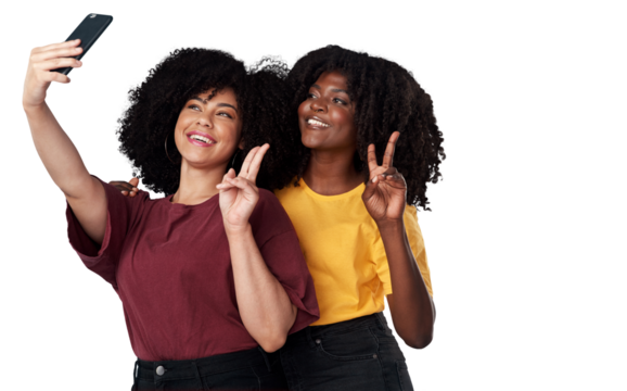 Selfie, peace sign and woman friends for social media or content creation isolated on transparent, png background. Gen z, natural hair influencer or african people in online profile picture and emoji