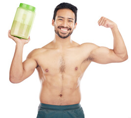 Protein shake, portrait and strong man for fitness, muscle and bodybuilder diet, gym and training....