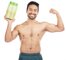 Protein shake, portrait and strong man for fitness, muscle and bodybuilder diet, gym and training. Asian person, energy drink and sports or exercise nutrition isolated on transparent, png background