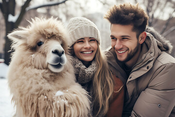 Beautiful young couple in winter clothes having fun with llama in winter park