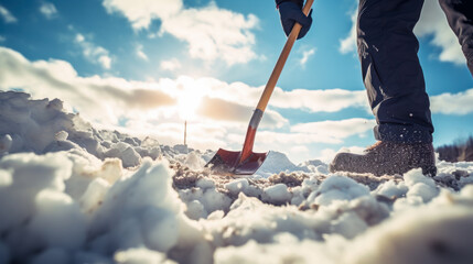 A man with a snow shovel clears sidewalks and roads in winter. Winter time. Volunteering concept.