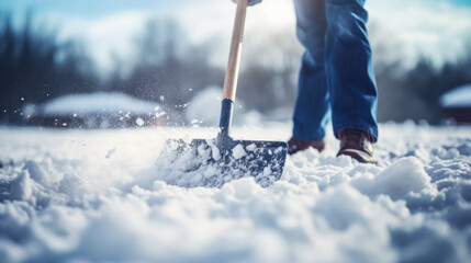 A man with a snow shovel clears sidewalks and roads in winter. Winter time. Volunteering concept. - obrazy, fototapety, plakaty