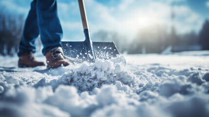 A man with a snow shovel clears sidewalks and roads in winter. Winter time. Volunteering concept. - Powered by Adobe