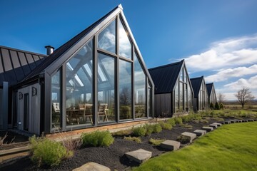 Fototapeta na wymiar glass windows reflecting the sky in a farmhouse with a metal roof