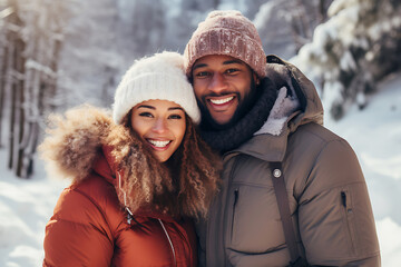 Beautiful young heterosexual African American couple in winter clothes hugging, smiling and looking at camera