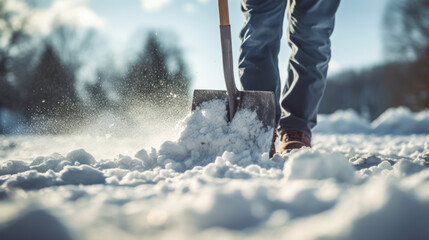A man with a snow shovel clears sidewalks and roads in winter. Winter time. Volunteering concept. - obrazy, fototapety, plakaty
