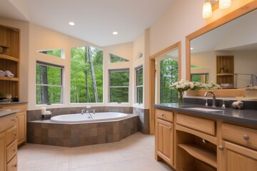 Fototapeta na wymiar master bathroom with floor-to-ceiling cabin windows