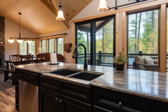 close-up of modern kitchen fixtures in a log cabin