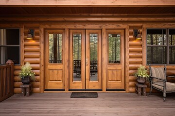 cabin scene displaying wooden entry doors - obrazy, fototapety, plakaty
