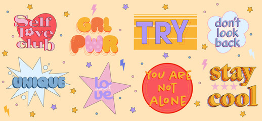 Groovy motivational Stickers. Y2k Patches Collage. Pop Art Illustration Vector Design. Funky Pattern.	