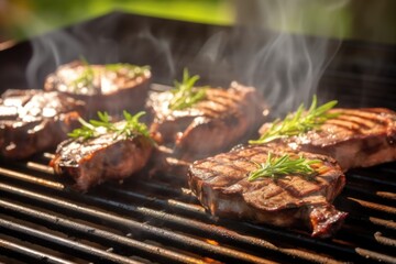 portobello mushrooms cooking on a grill under bright sunlight