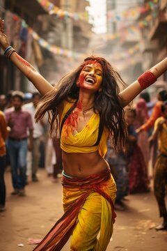 Beautiful Indian woman dancing in the street of India, Holi festival, Phagwah, Bhojpuri, multi-colored powder	, 
festival of colors