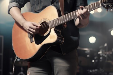 Obraz na płótnie Canvas Country music singer guitar concert. Classic male studio perform artist. Generate AI
