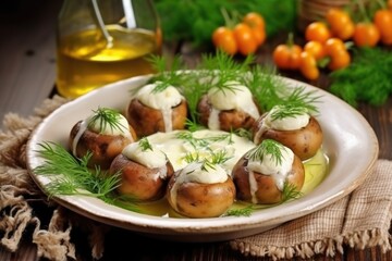 freshly baked cheese-filled mushrooms on a ceramic plate