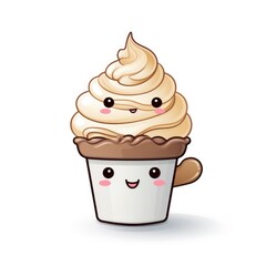 Cute Coffee Cup Holding Ice Cream Cone Spoon , Cartoon, Icon Illustration
