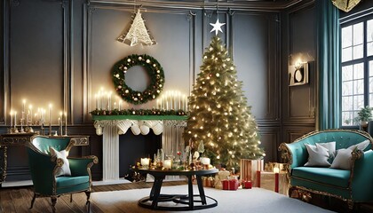 Festive Illumination and Holiday Decorations in Wealthy Living Room with nice Christmas tree
