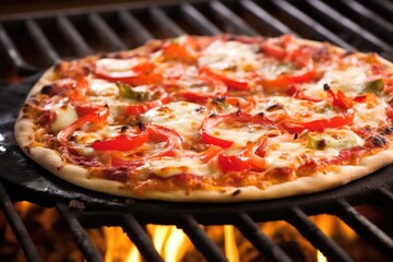 bbq grill baking thin crust pizza with hot red flames