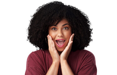 Surprise, happy and portrait of a woman with shock for winning, success or achievement. Happiness, excited and headshot of a young female model with scream face isolated by transparent png background