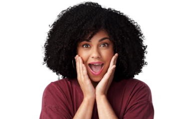 Surprise, happy and portrait of a woman with shock for winning, success or achievement. Happiness, excited and headshot of a young female model with scream face isolated by transparent png background