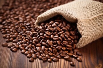 macro shot of coffee beans in a burlap sack