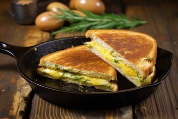 cast iron press placed on golden brown grilled sandwich