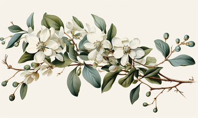 Branch with leaves and flowers on a white background.