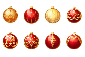 Set of red and golden Christmas tree bauble ornaments illustrations isolated on transparent or white background