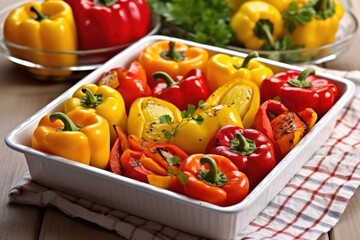 grilled red and yellow bell peppers on a rectangular dish