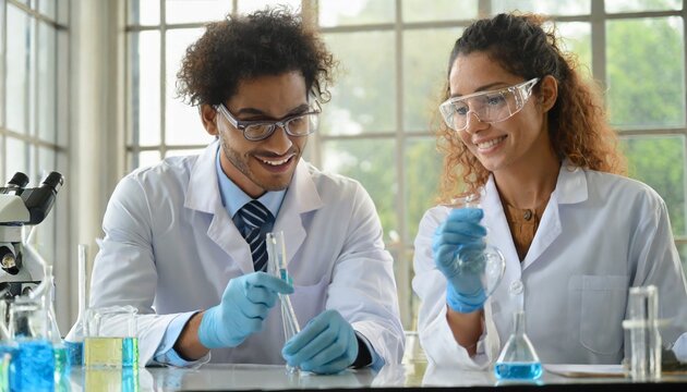 a man and woman standing side by side in a laboratory. Both are wearing white lab coats and protective goggles as they work together on a science experiment.