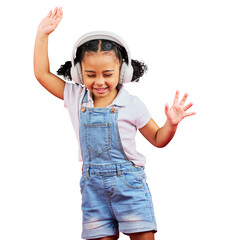 Music headphones, dance and kid smile isolated on a transparent png background. Radio, happy and African girl child listening while streaming sound, audio or podcast, media and hip hop with energy