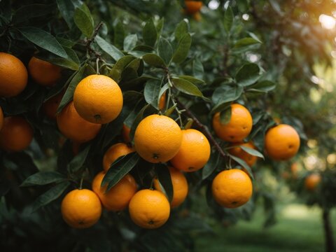 Oranges Are Hanging On A Tree In The Garden. AI Generative