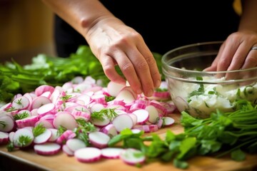 Obraz na płótnie Canvas hand arranging radish slices on a freshly made potato salad