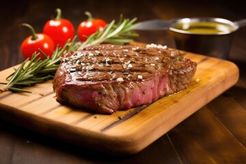 sirloin steak with grill marks and rosemary garnish
