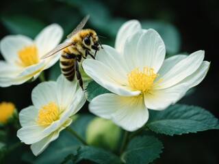 Obraz premium close up of a bee with a yellow flower on a green background. AI Generative