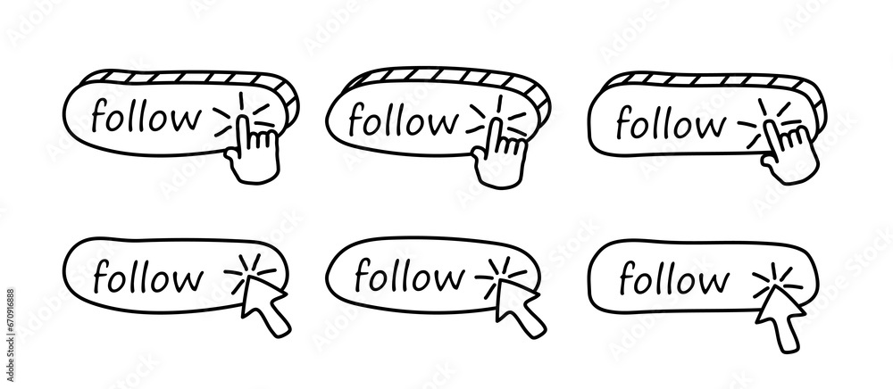 Poster follow button sign. pressing the button with a finger, forefinger. set of buttons for website, prese