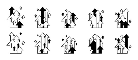 A set of various up arrows. In black color and linear styles