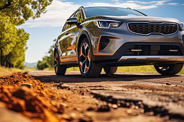 Car on asphalt road on autumn day in countryside. Colored leaves lying under the wheels of the vehicle.  Travel concept. Road trip