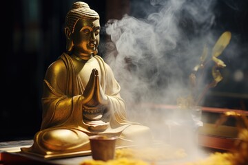 incense smoke wafting around a gold buddha statue