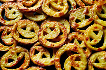 Baked potato slices, funny snacks for party on a black background, close-up.