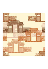 Editable Seamless Pattern of Traditional Korean Hanok Gate Building Vector Illustration for Creating Background and Decorative Element of Oriental History and Culture Related Design