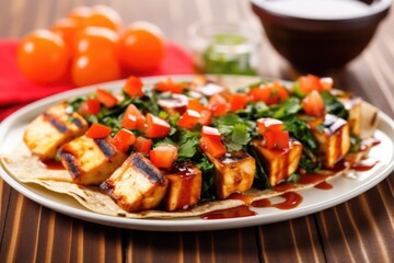 grilled tofu taco with tangy sauce in bright light