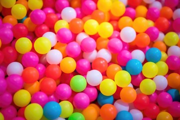 close-up of bright, neon-colored rubber balls